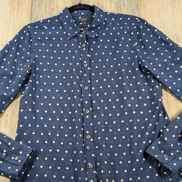 J Crew Button Up Top Womens Medium 8 Blue Polka Dot Sheer Cotton Silk Blend - Picture 1 of 10
